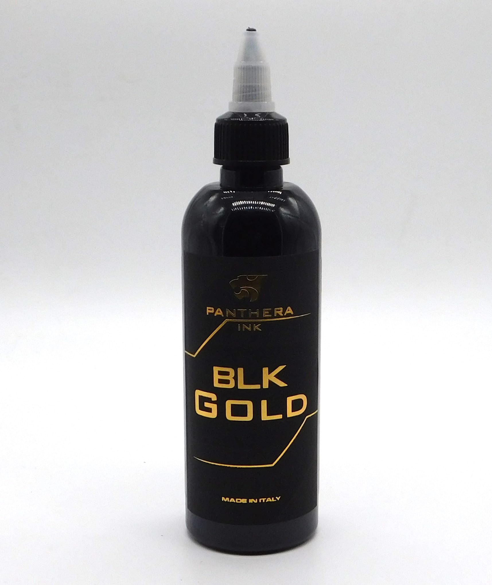 Panthera Black BLK Gold ink bottle close-up showing deep black shade and EU compliance.