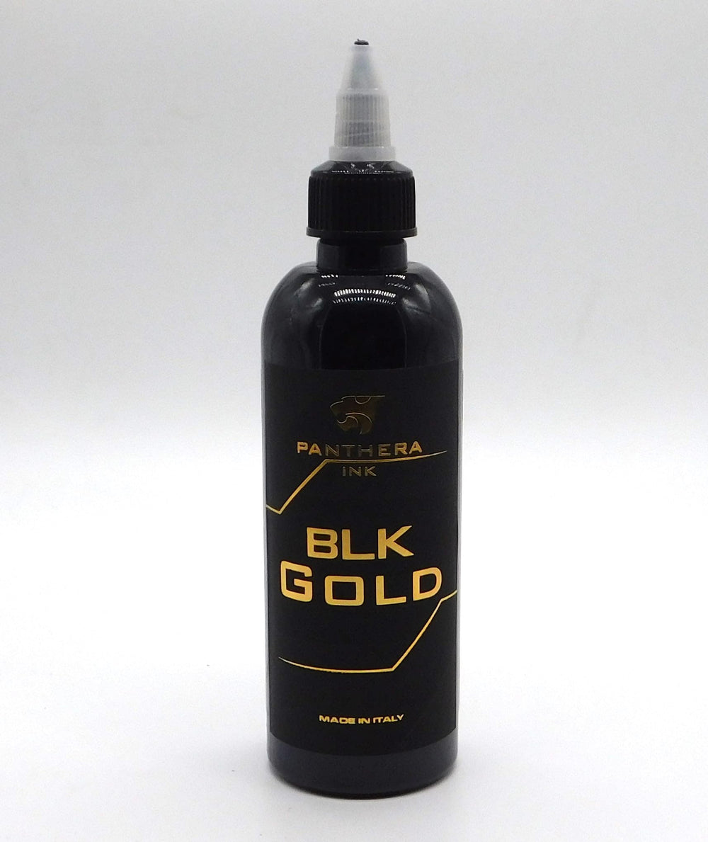 Panthera Black BLK Gold ink bottle close-up showing deep black shade and EU compliance.