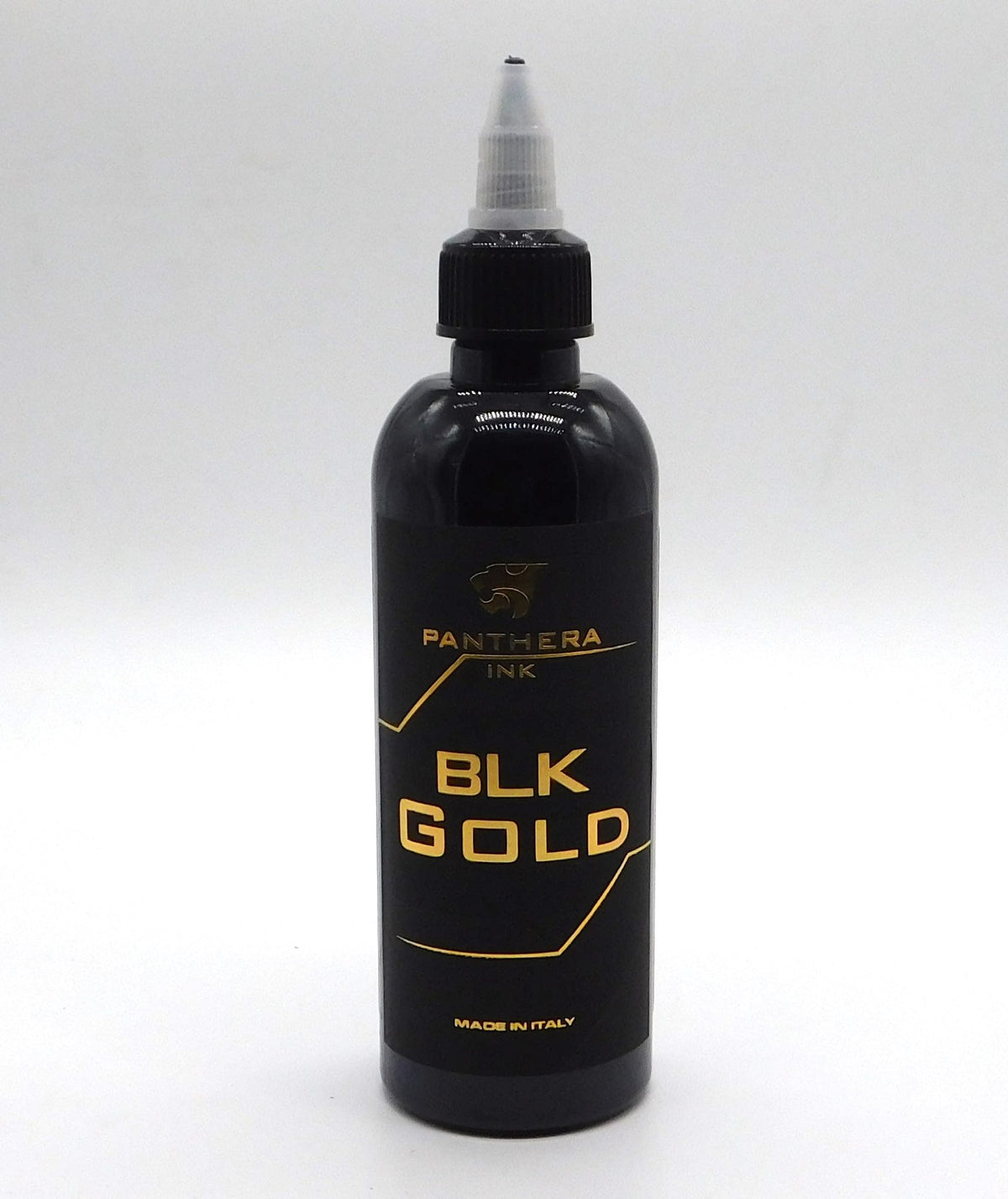 Panthera Black BLK Gold ink bottle close-up showing deep black shade and EU compliance.