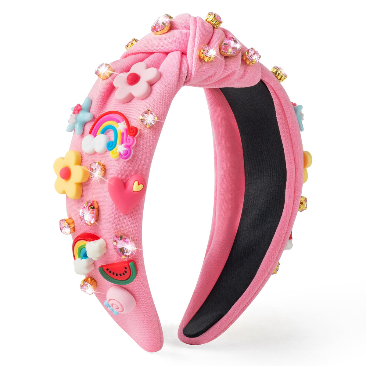 Pantide floral jeweled knotted headband with rainbow rhinestones for casual-to-party sparkle, daily glam accessory.