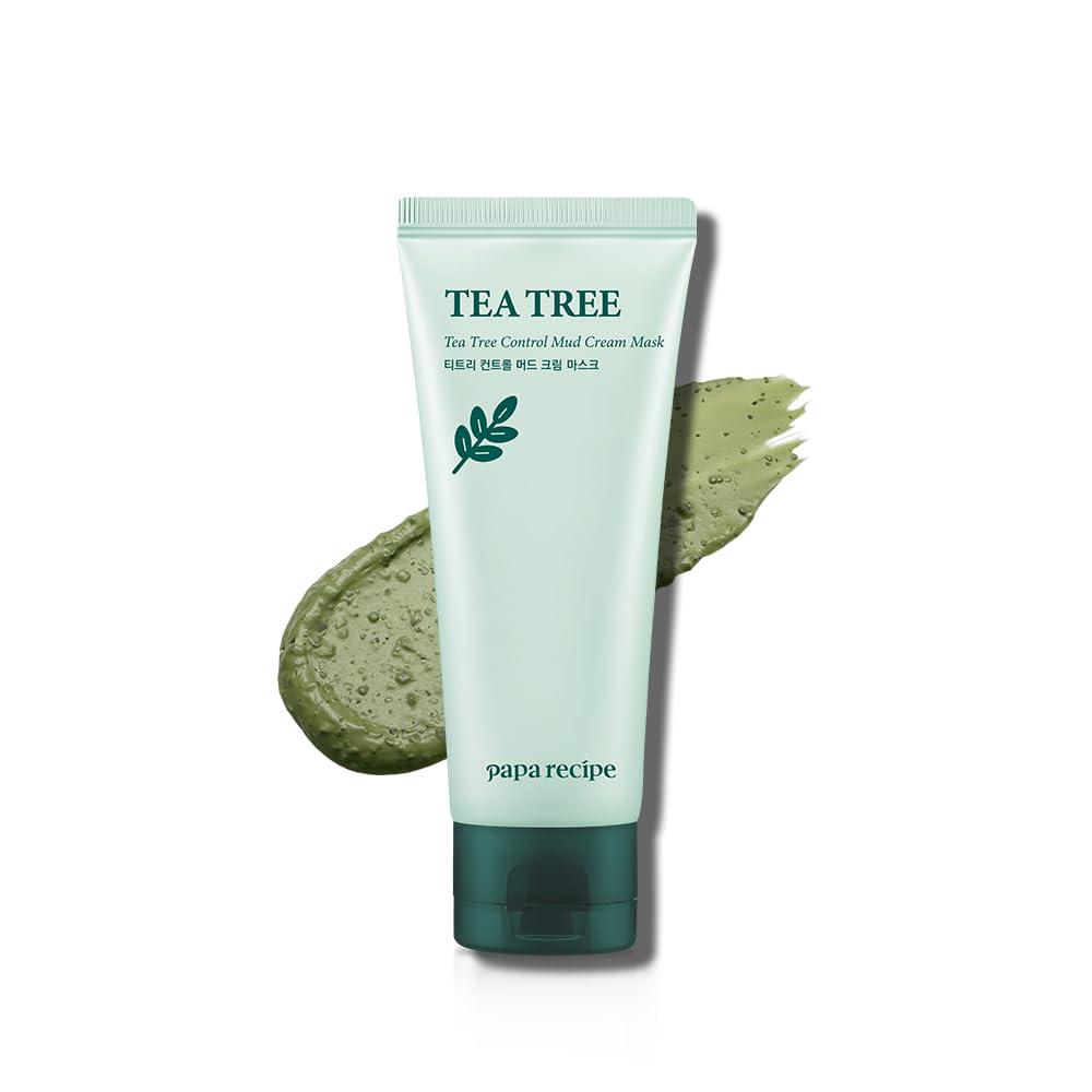 Papa Recipe Tea Tree Mud Mask bottle and jar illustrate soothing oil control for acne-prone skin.