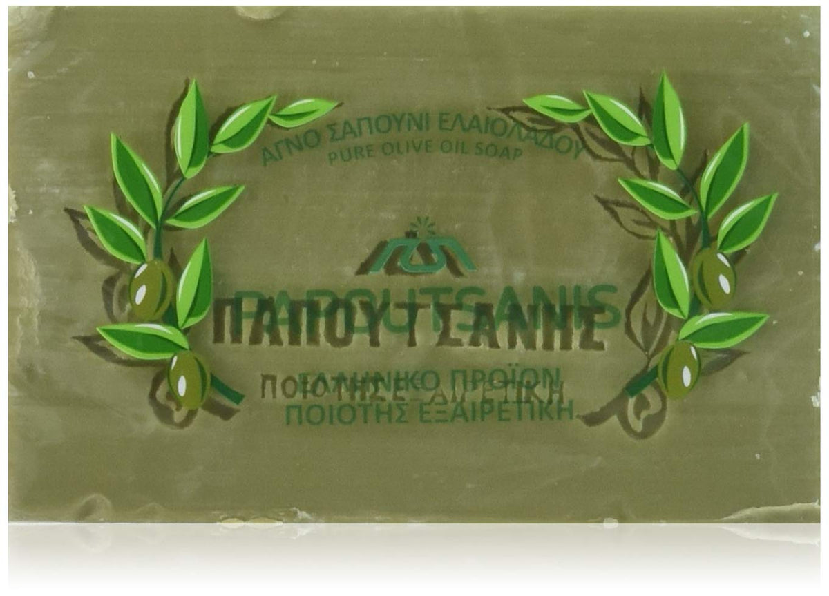 Papoutsanis Pure Greek Olive Oil Soap six-bar pack, front view, gentle daily cleansing.