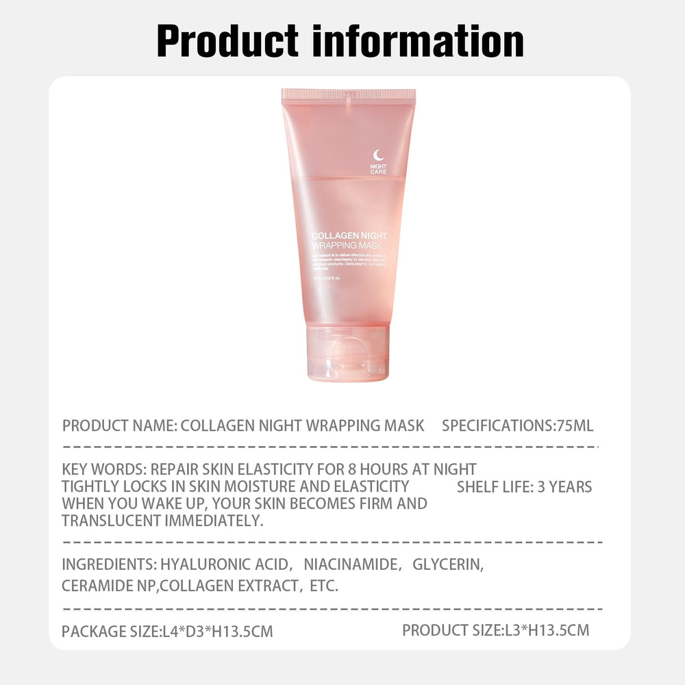 PAQIMAN Collagen Night Wrap Mask dullness reduction scene implies a refreshed complexion.