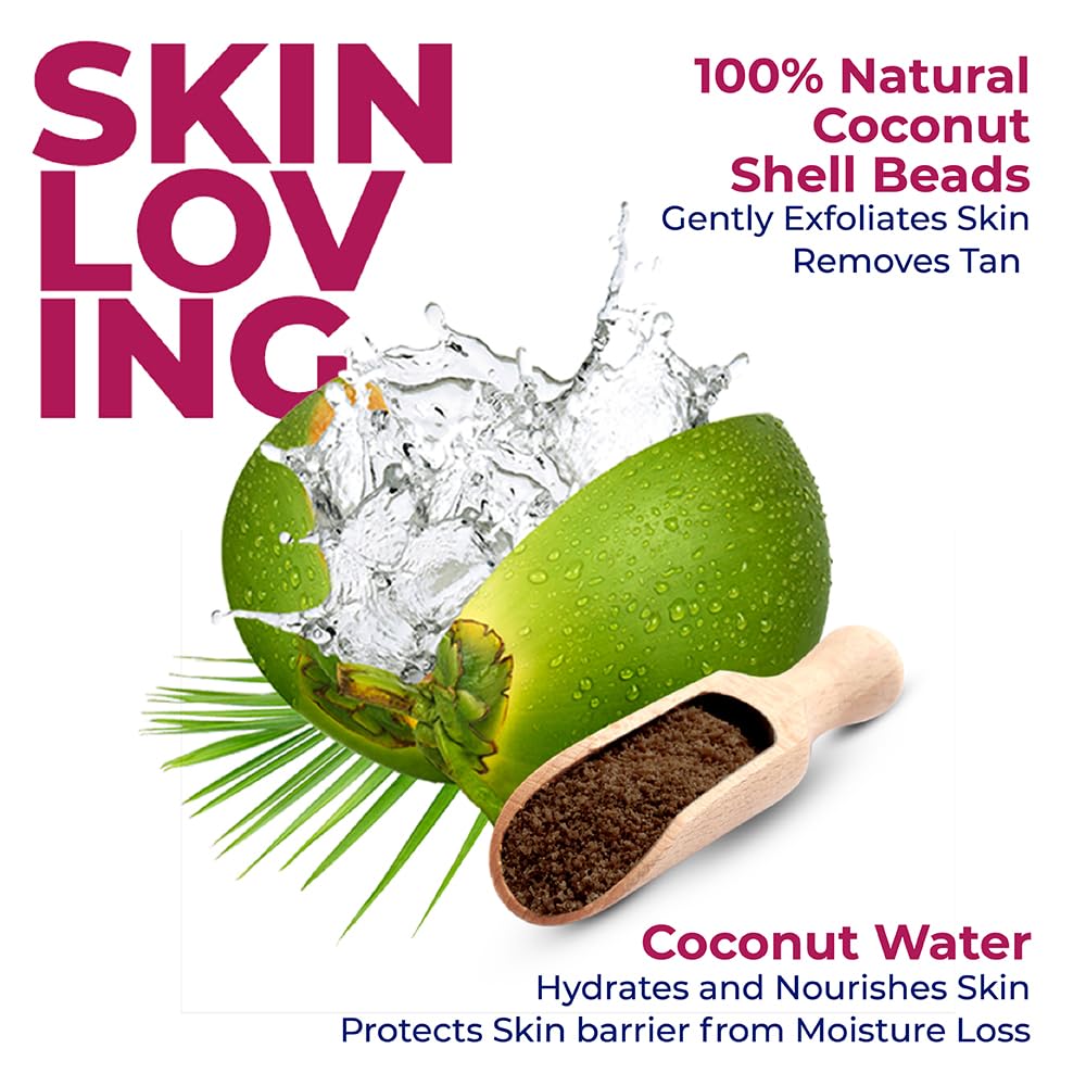 Parachute Advansed Coconut Exfoliating Body Wash coconut water highlight for hydration.