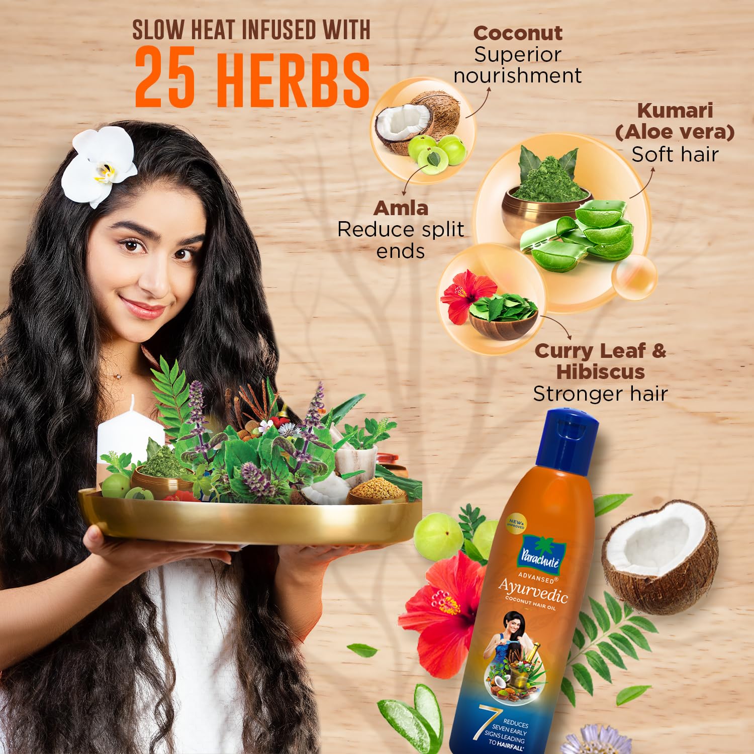 Parachute Advansed bottle closeup highlights 25 ingredients for hair care