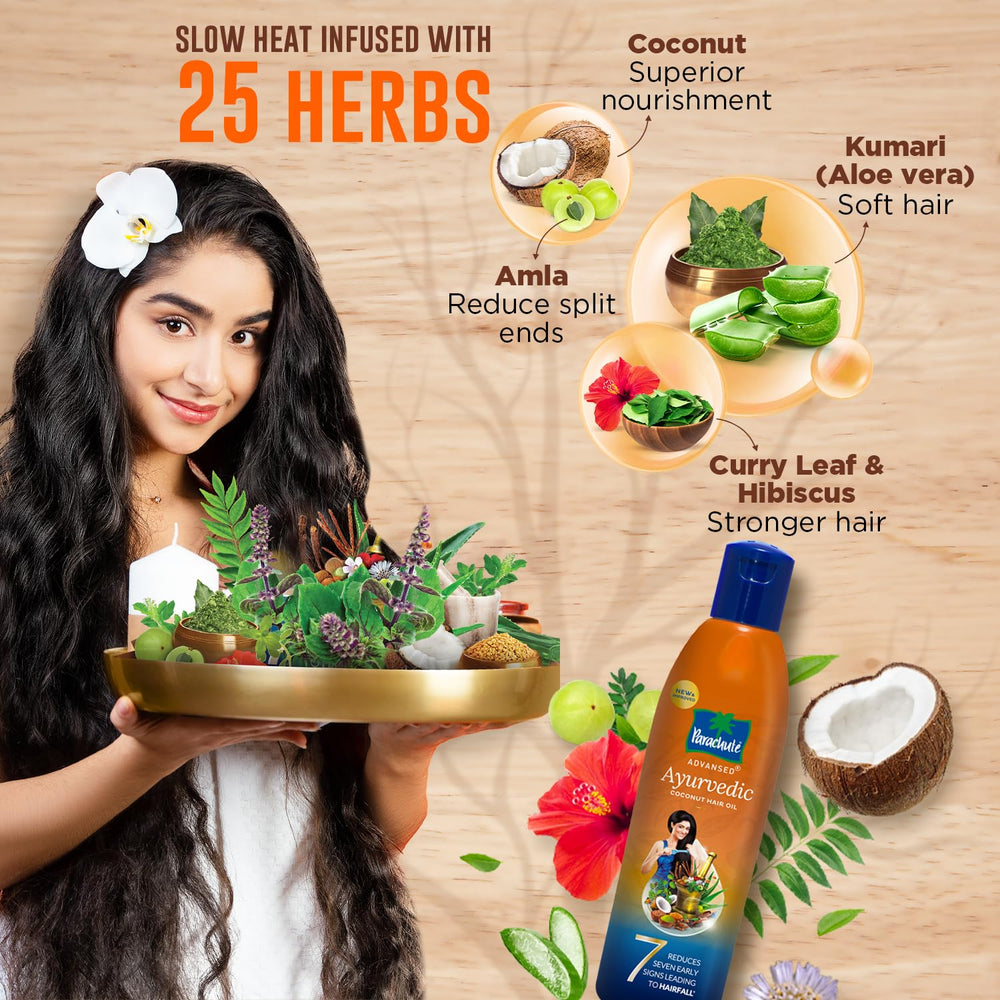 Parachute Advansed bottle closeup highlights 25 ingredients for hair care