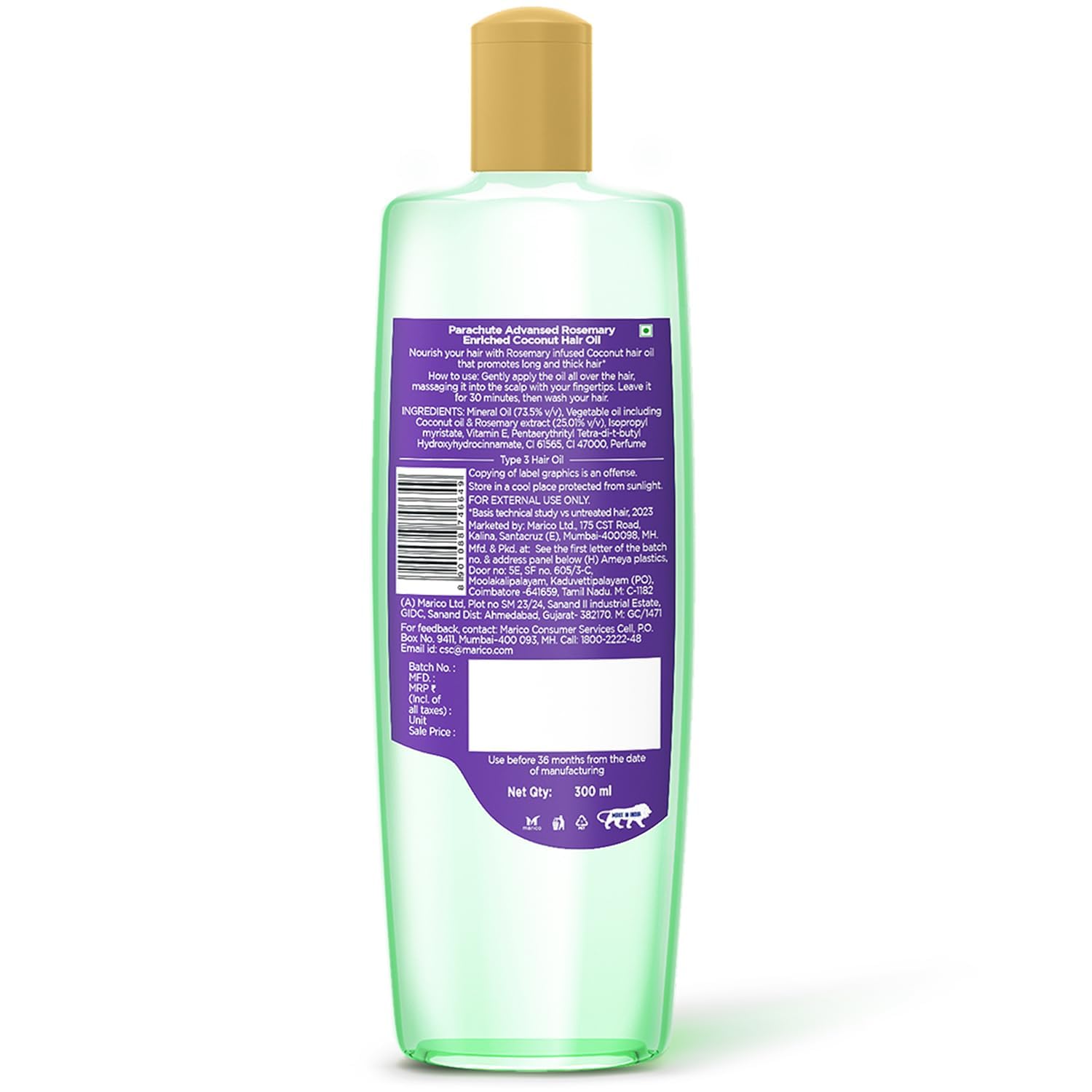 Parachute Advansed Rosemary Hair Oil 10.1 Fl.oz bottle emphasizes generous supply for routines.