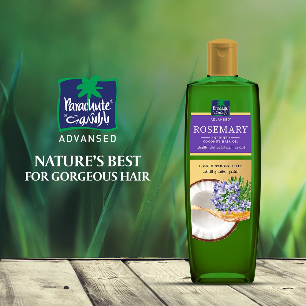 Parachute Advansed Rosemary Hair Oil hair-fall-reduction scene suggests reduced breakage.