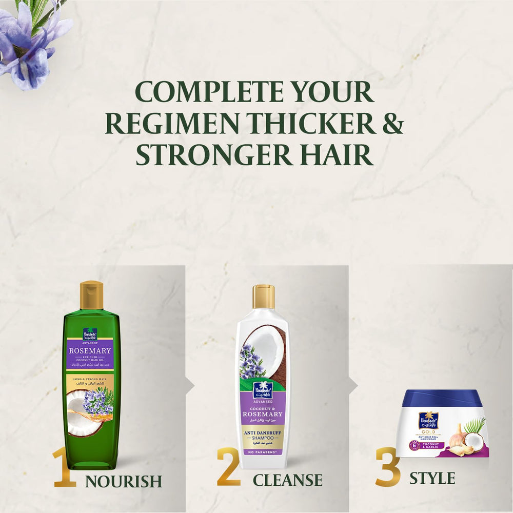 Parachute Advansed Rosemary Hair Oil no-parabens-silicones label signals clean, gentle care.