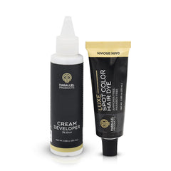 Parallel Products Luxe Color Dark Brown developer bottle ensuring consistent mixing for even results