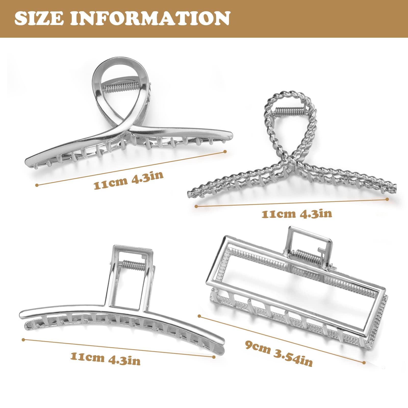 Parcce 4-pack large silver style-c clips for curly hair with inner teeth grip.