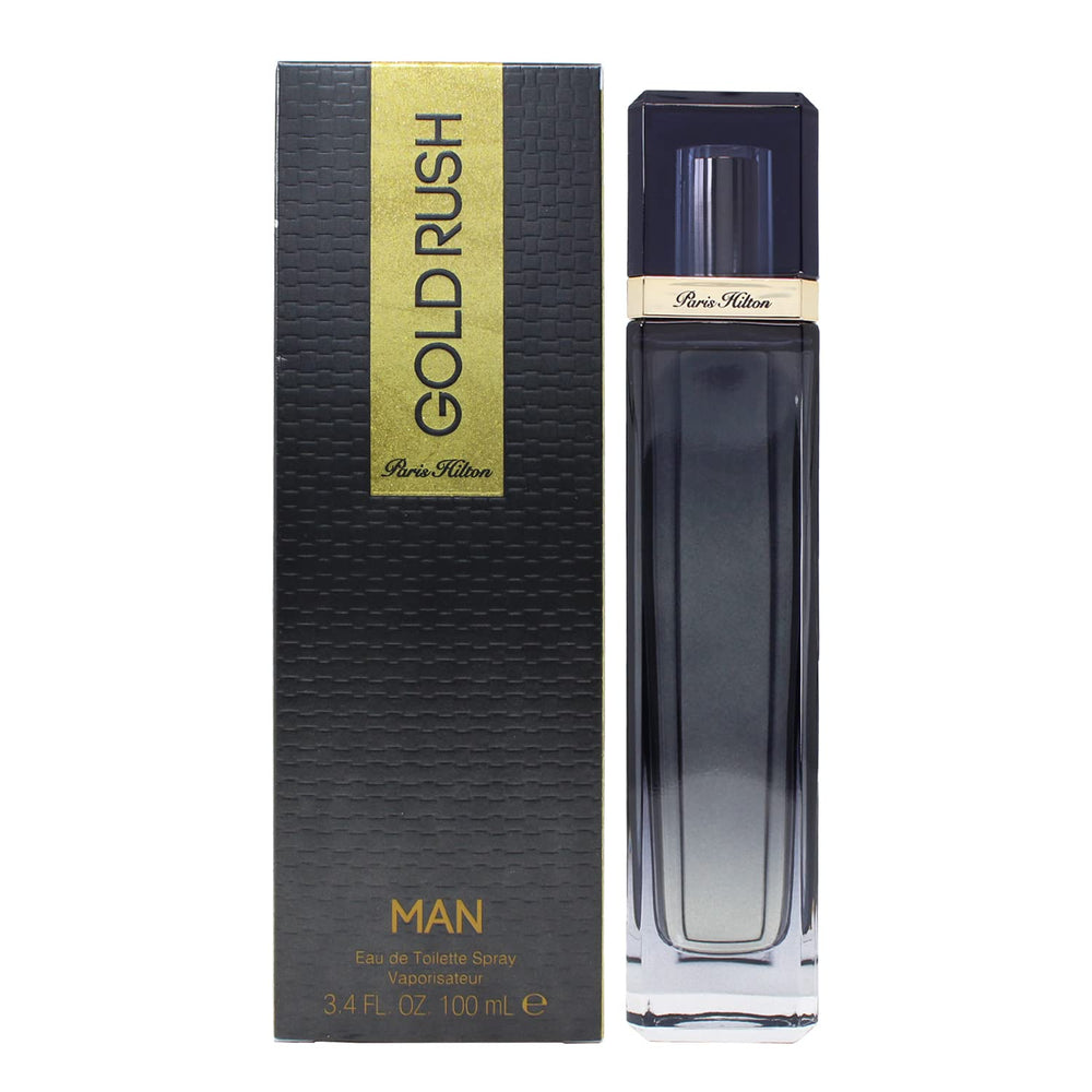 Paris Hilton Gold Rush Man packaging highlights premium branding for gifting.
