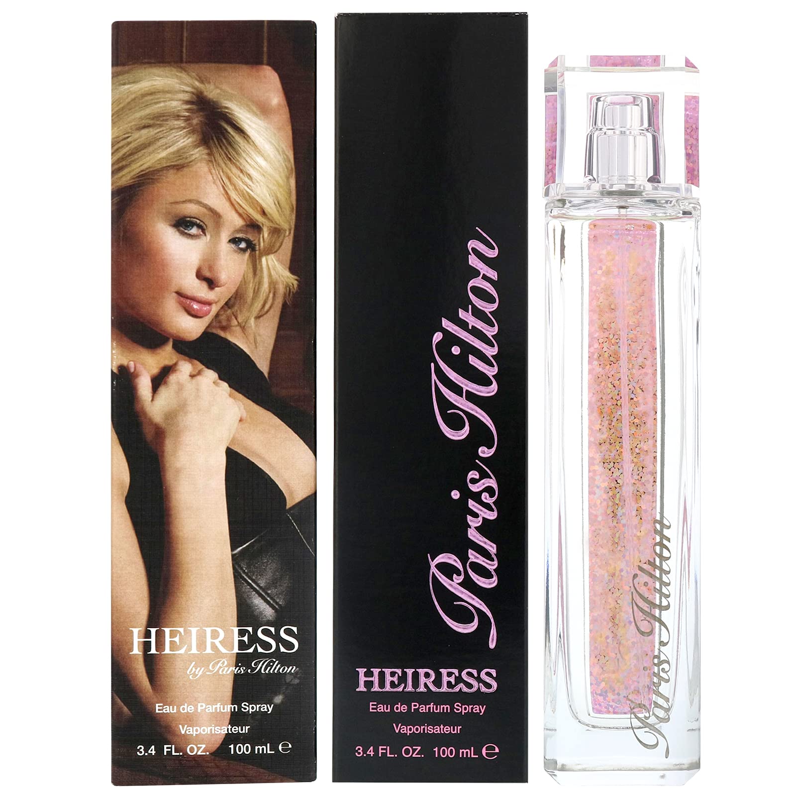 Paris Hilton Heiress 3-4oz bottle sits on a vanity for travel and display.