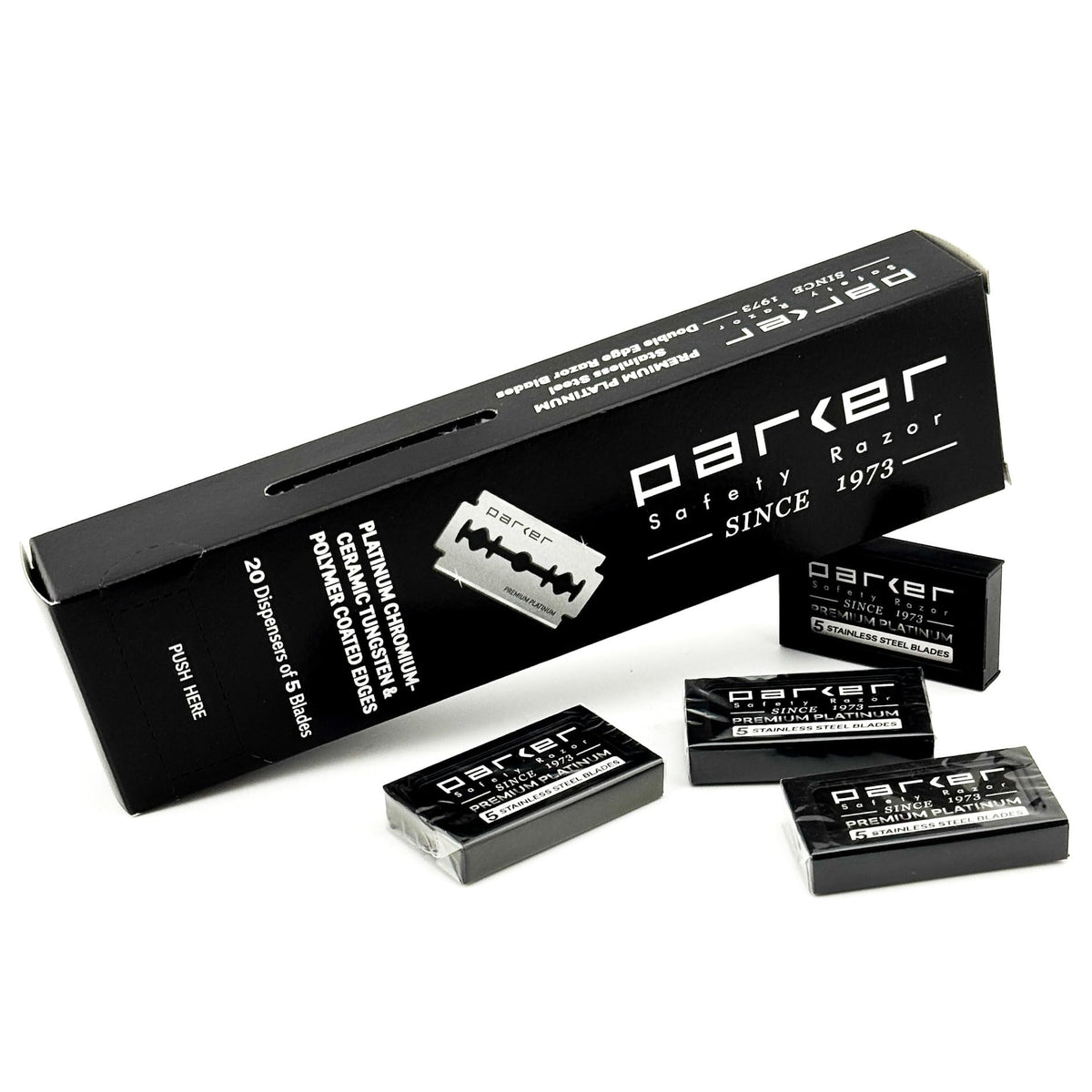 Parker 100-count blades close-up with platinum coating for smooth shaves