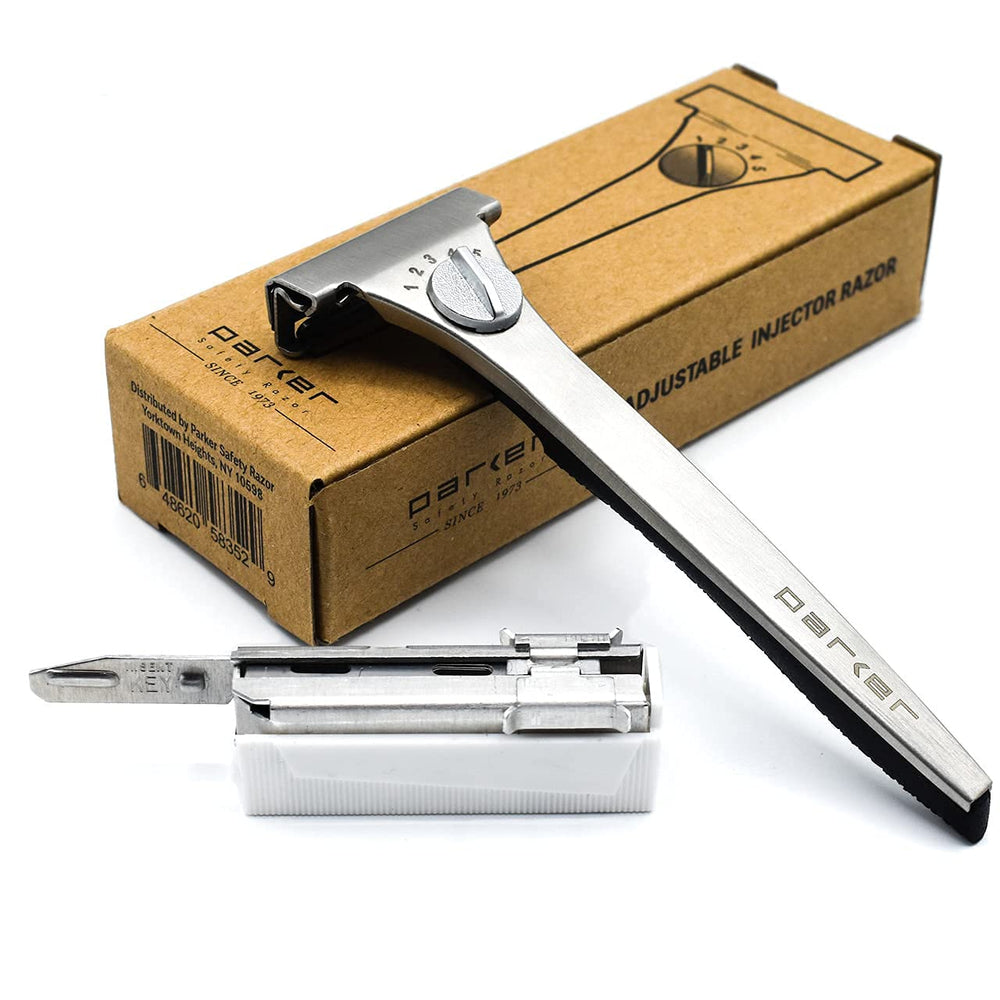 Parker Adjustable Injector Razor dial-settings highlight precise adjustment for a comfortable shave.