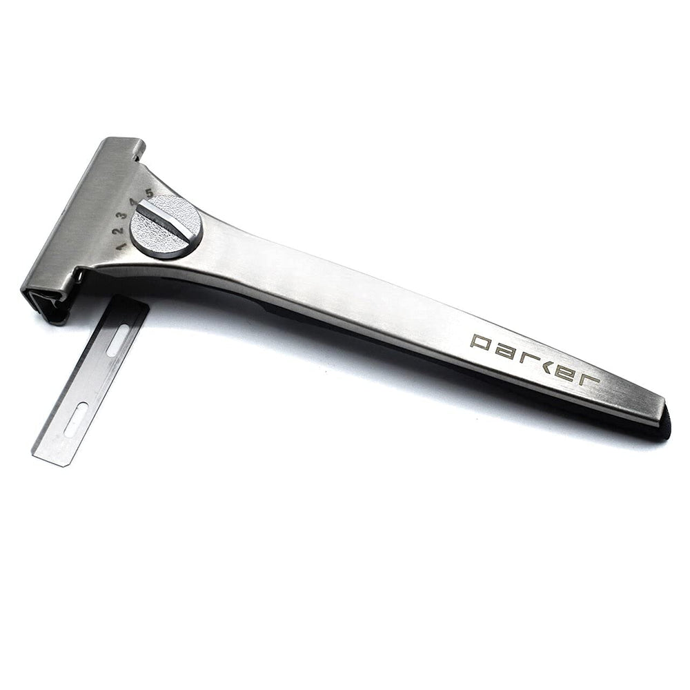 Parker Adjustable Injector Razor slim-profile design boosts maneuverability during daily grooming.