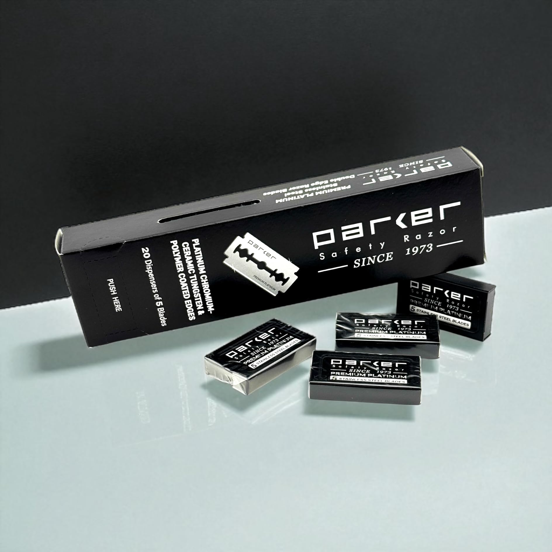 Parker travel-pack blades image shows compact kit for on-the-go shaves