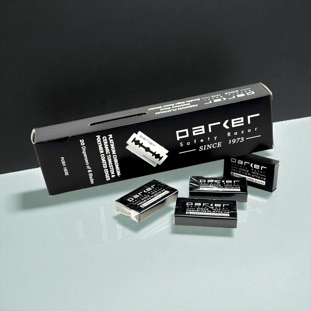 Parker travel-pack blades image shows compact kit for on-the-go shaves