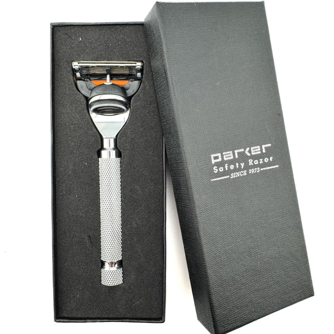 Parker Safety Razor starter-blade-included display shows immediate shavability.