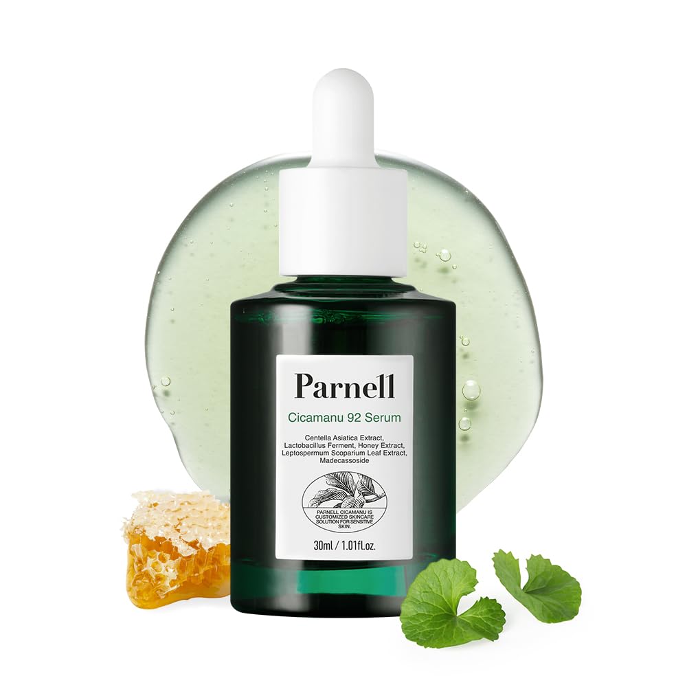 Parnell Cicamanu 92 Serum bottle close-up, highlighting soothing overnight recovery.