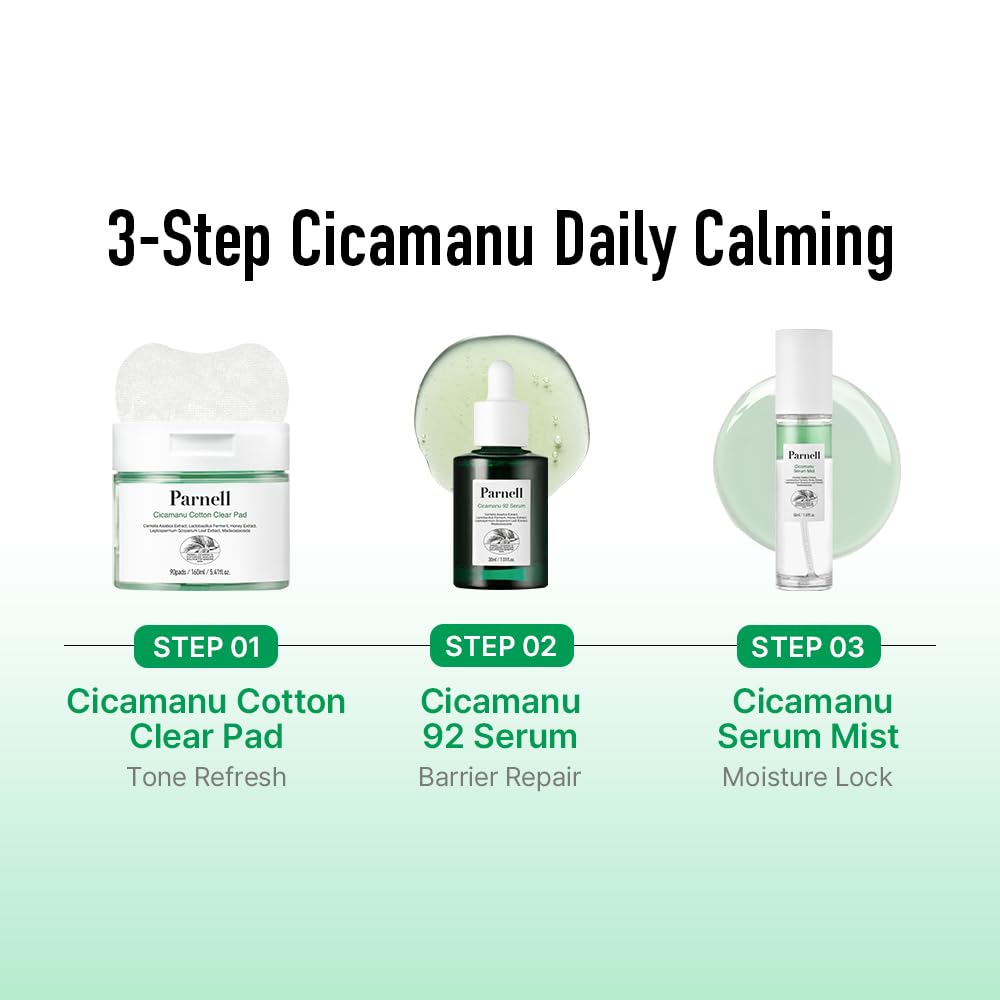 Parnell Cicamanu 92 Serum targets uneven tone with calming hydration.