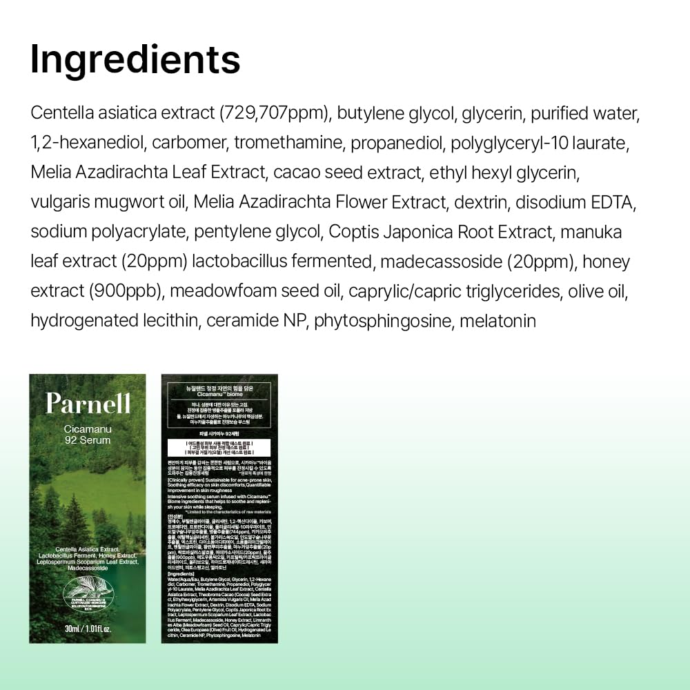 Parnell Cicamanu 92 Serum container view shows eco-friendly packaging.