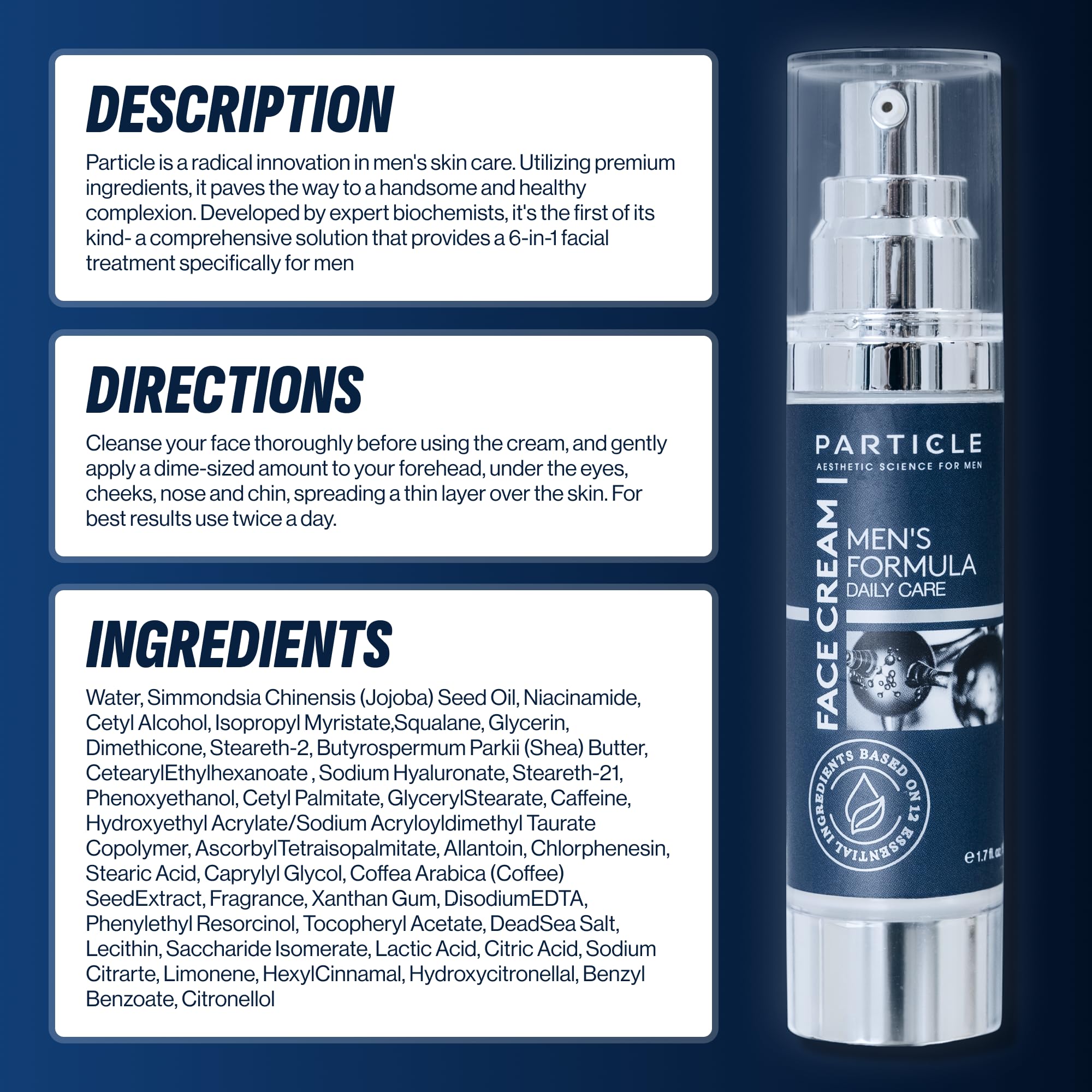 Particle 6-in-1 Face Cream ingredients including vitamin C and shea for hydration.