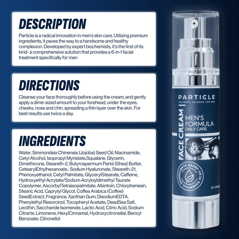 Particle 6-in-1 Face Cream ingredients including vitamin C and shea for hydration.