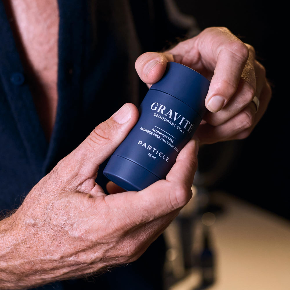 Particle Gravité Deodorant base notes showing musk and vetiver for a lasting masculine finish
