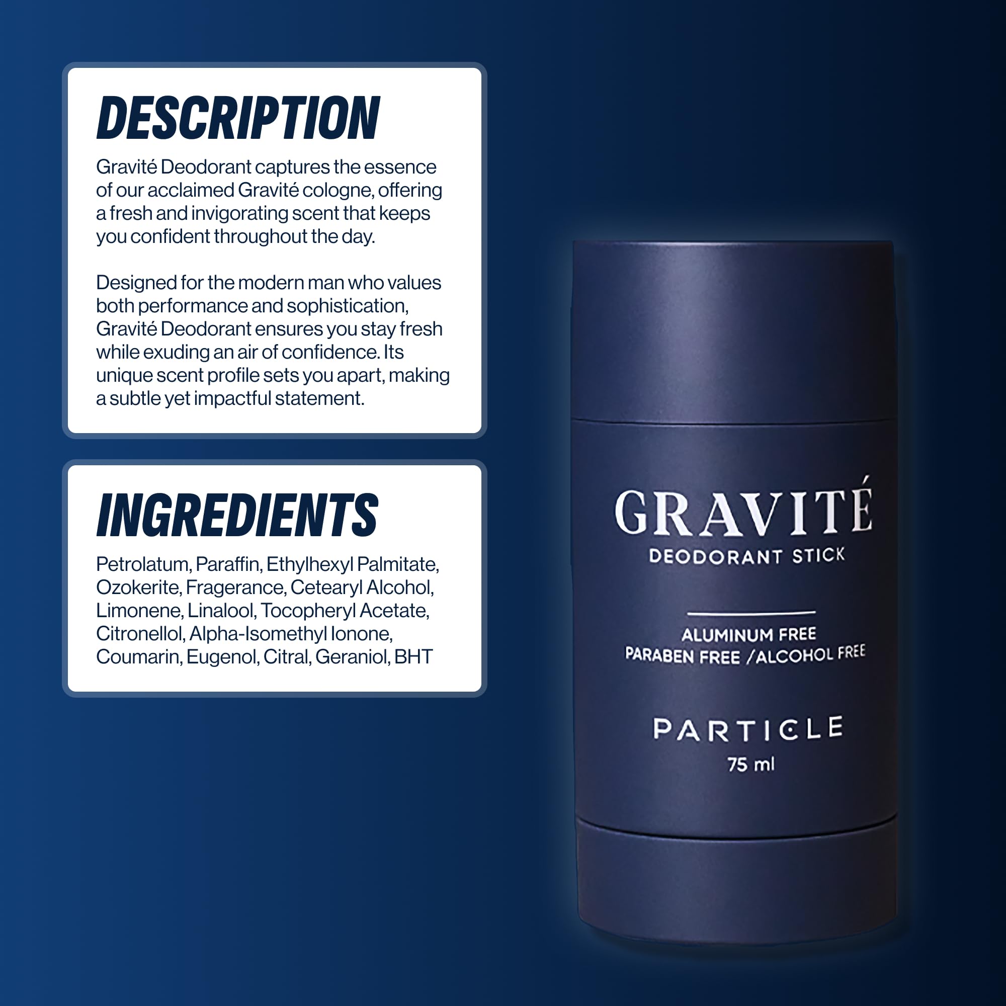 Particle Gravité Deodorant packaging closeup highlighting premium materials