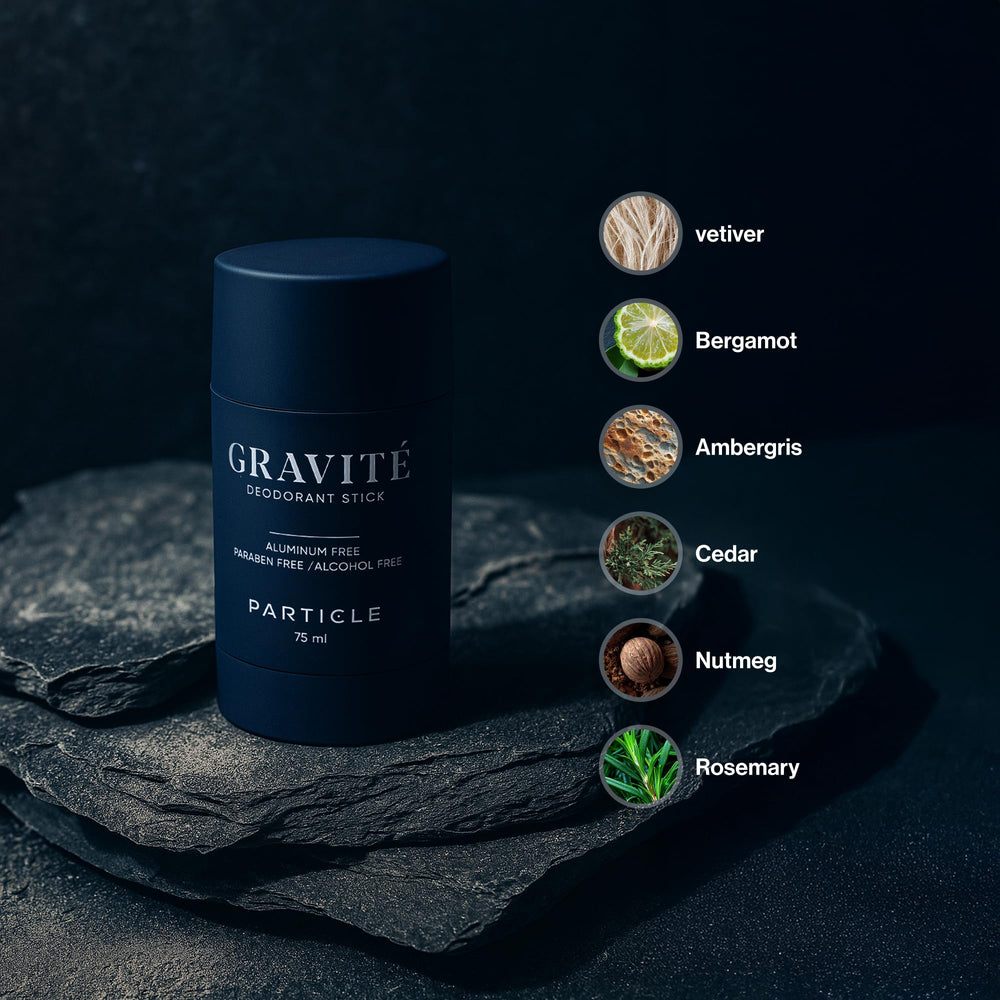 Particle Gravité Deodorant top notes featuring bergamot and grapefruit for energizing freshness