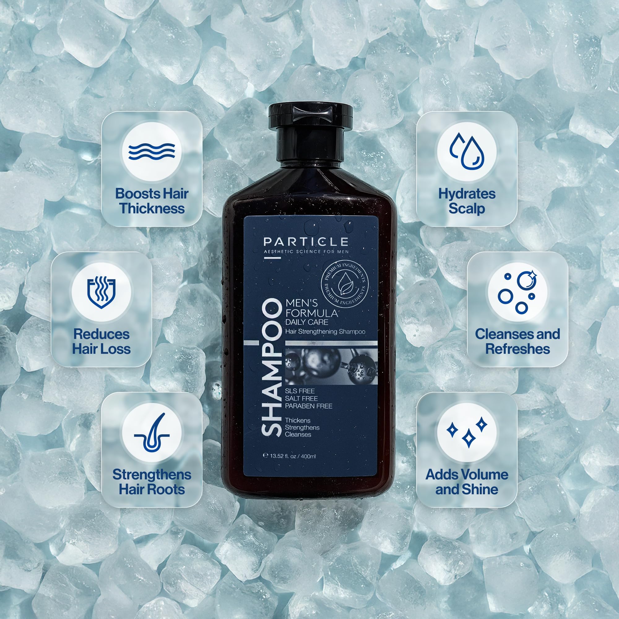 Particle Hair Thickening Shampoo for Men bottle close-up shows paraben-free formula