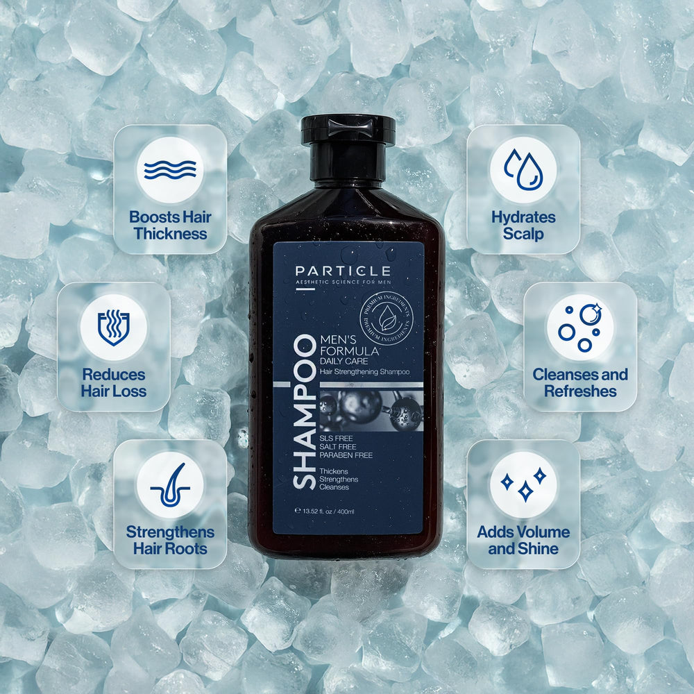 Particle Hair Thickening Shampoo for Men bottle close-up shows paraben-free formula