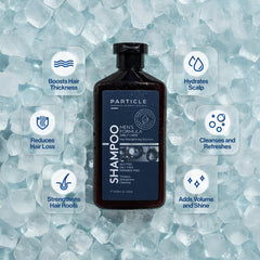 Particle Hair Thickening Shampoo for Men bottle close-up shows paraben-free formula