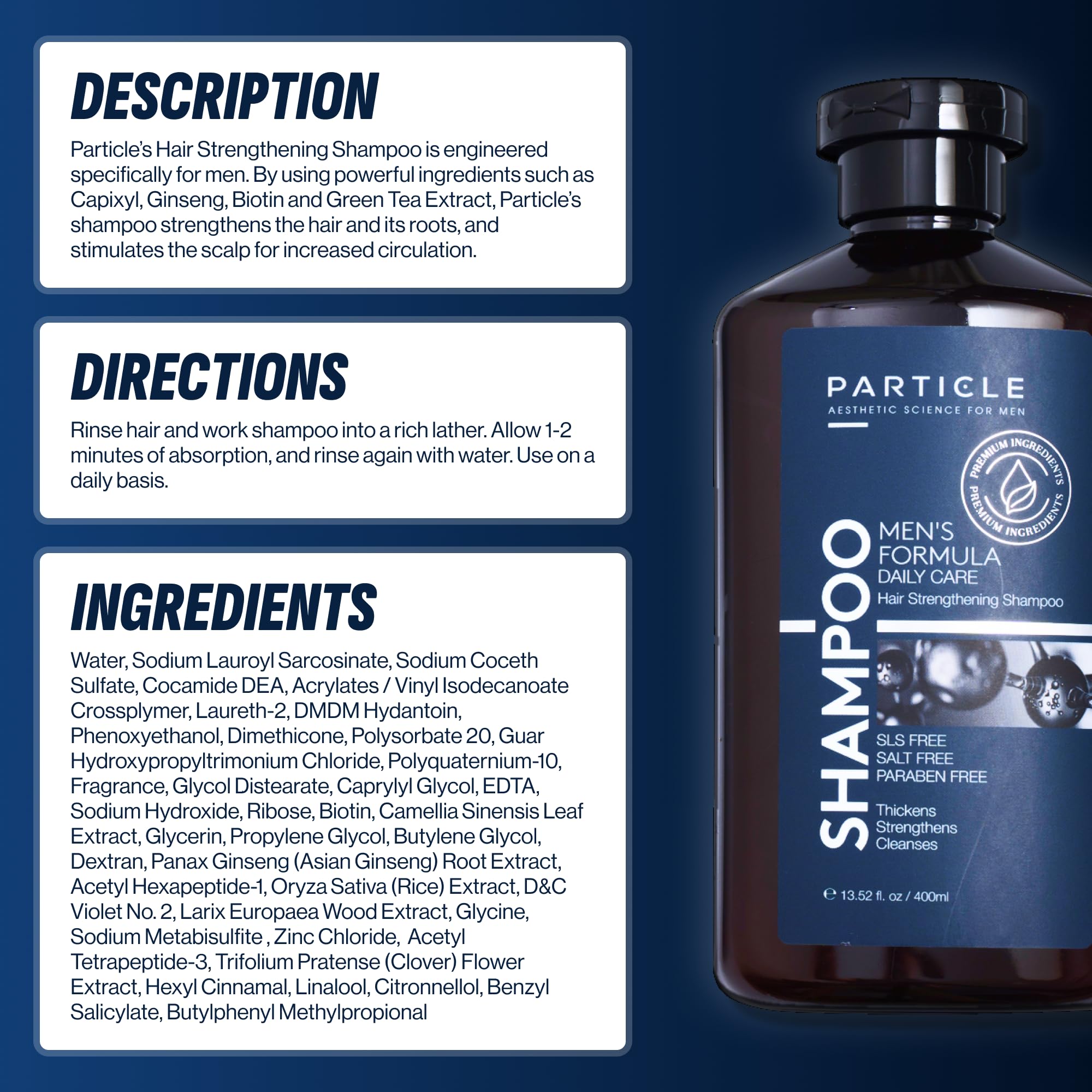 Particle collection with Hair Thickening Shampoo for Men complements grooming routine