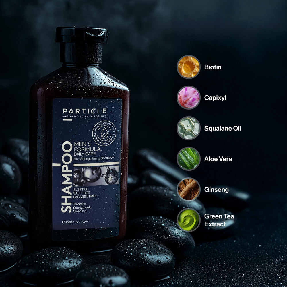 Particle Hair Thickening Shampoo for Men hand-lathering demonstrates easy cleansing