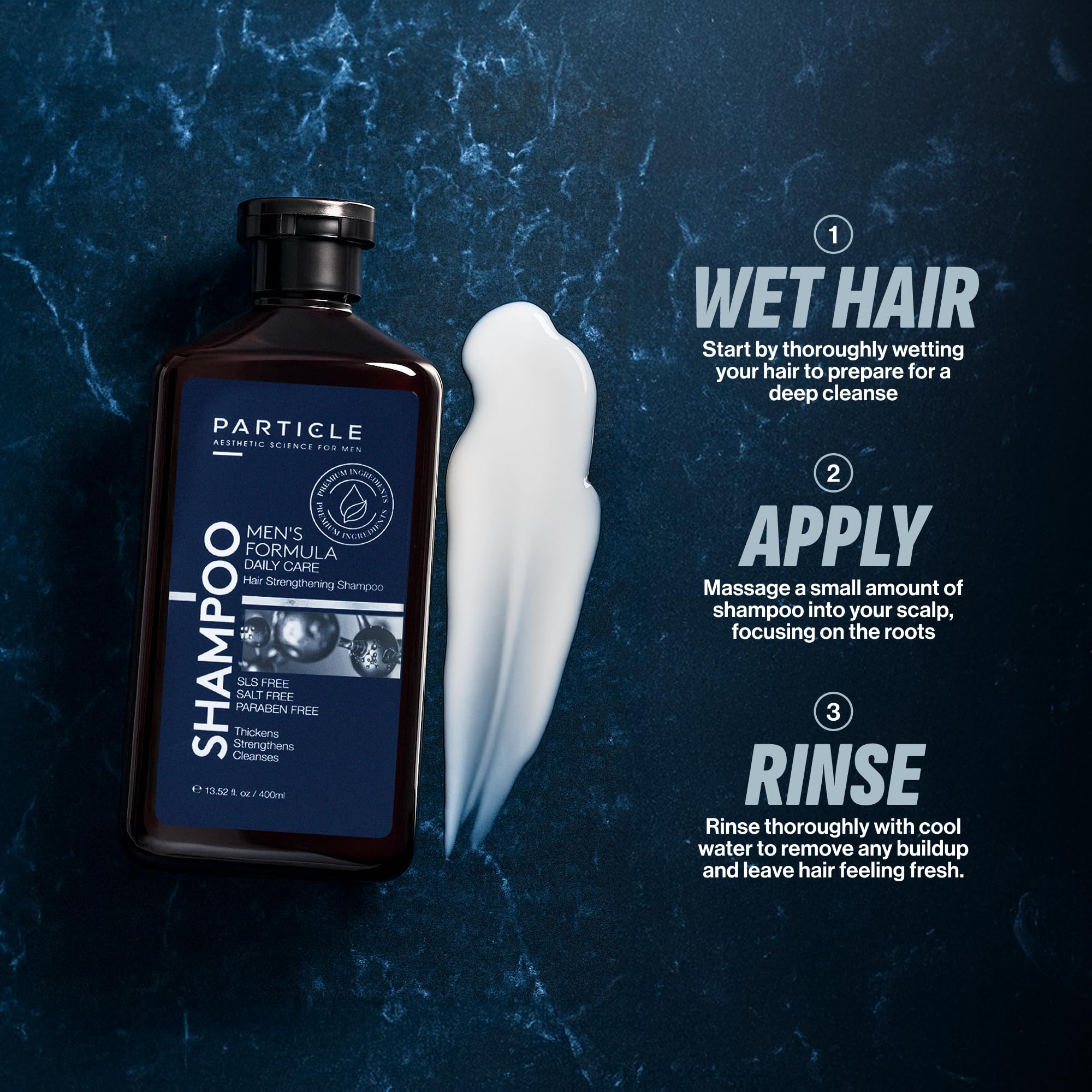 Particle Hair Thickening Shampoo for Men in shower with fresh masculine scent
