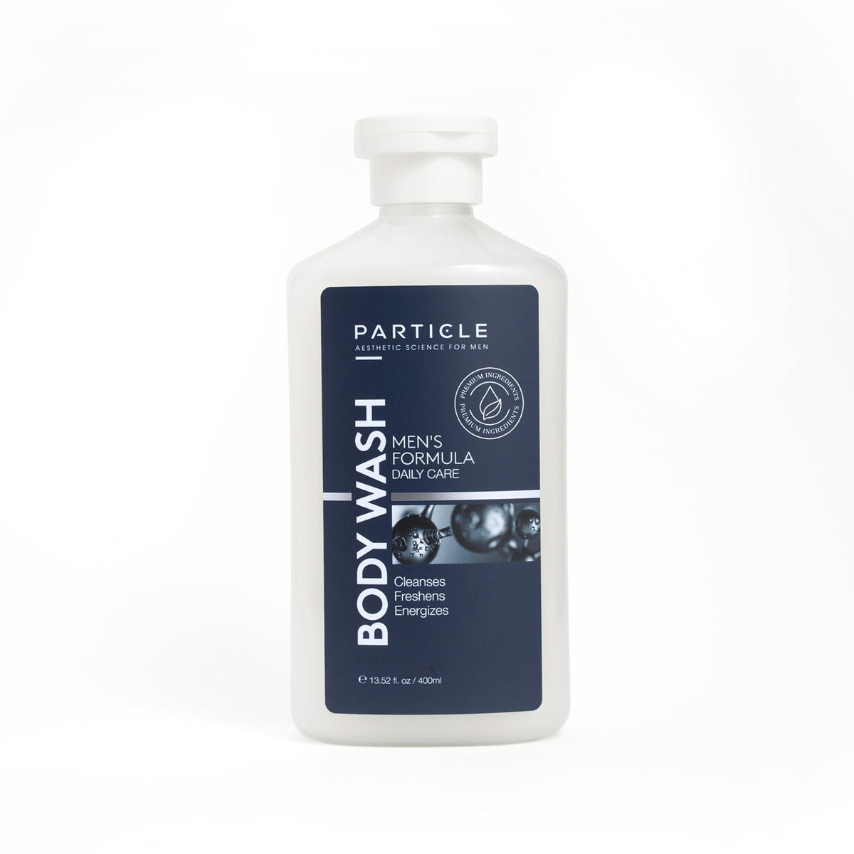 Particle Men's Body Wash bottle shows Dead Sea minerals for daily refreshing cleanse