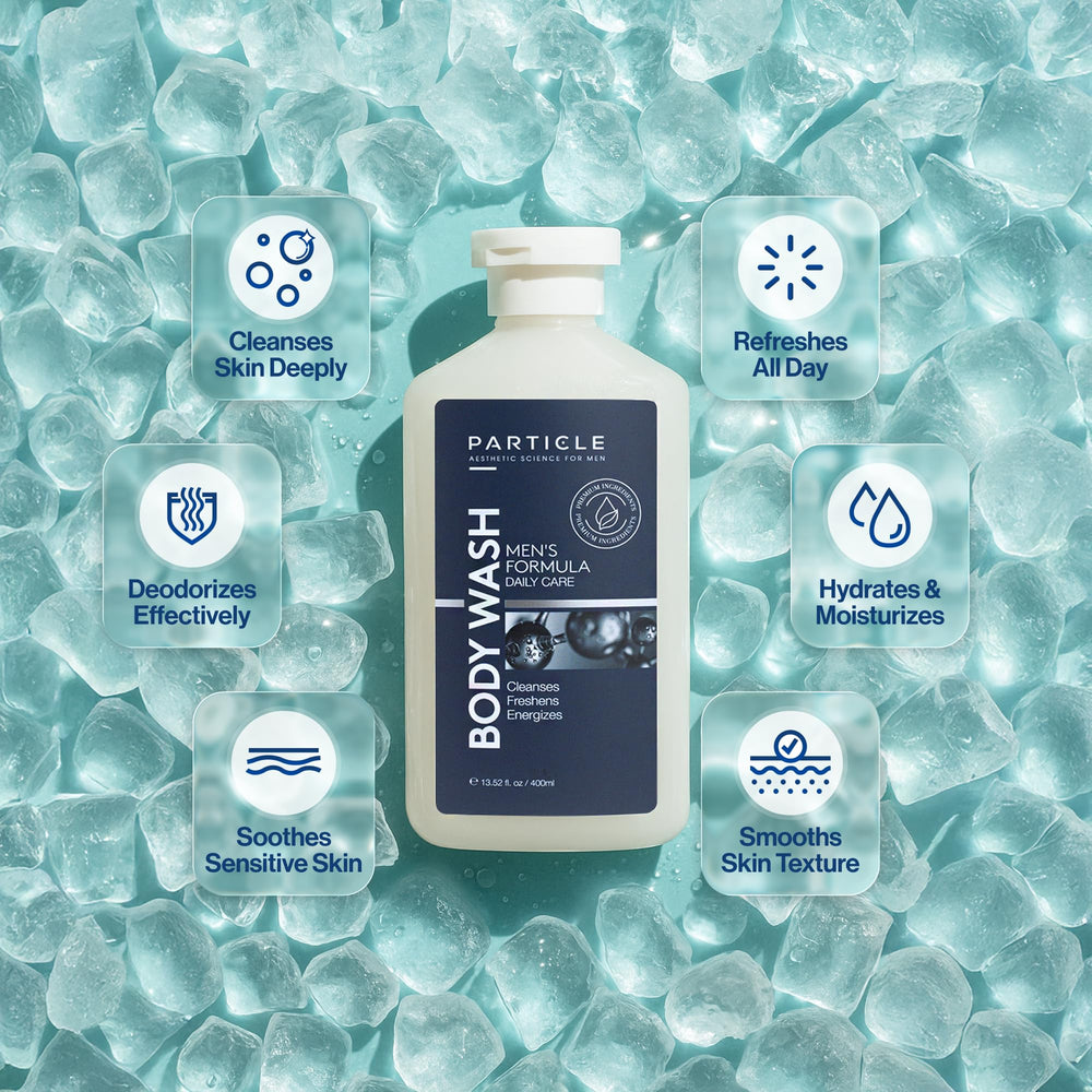 Particle Men's Body Wash bottle displays fresh citrus and woody scent for mornings