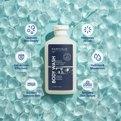 Particle Men's Body Wash bottle displays fresh citrus and woody scent for mornings