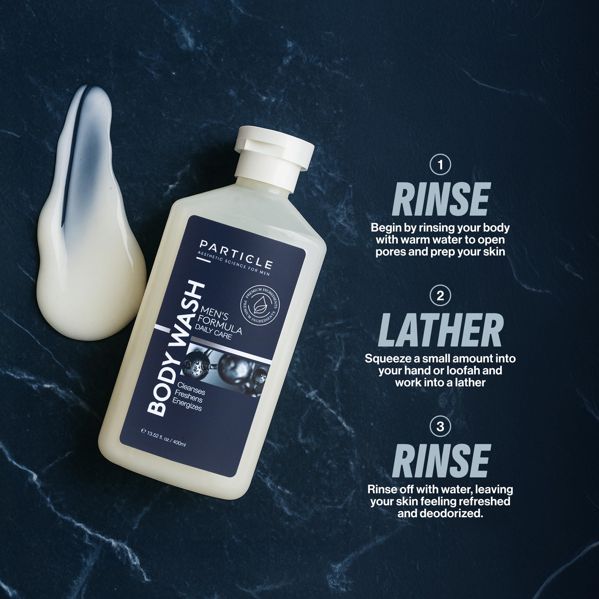 Particle Men's Body Wash shown in a morning refresh routine setup