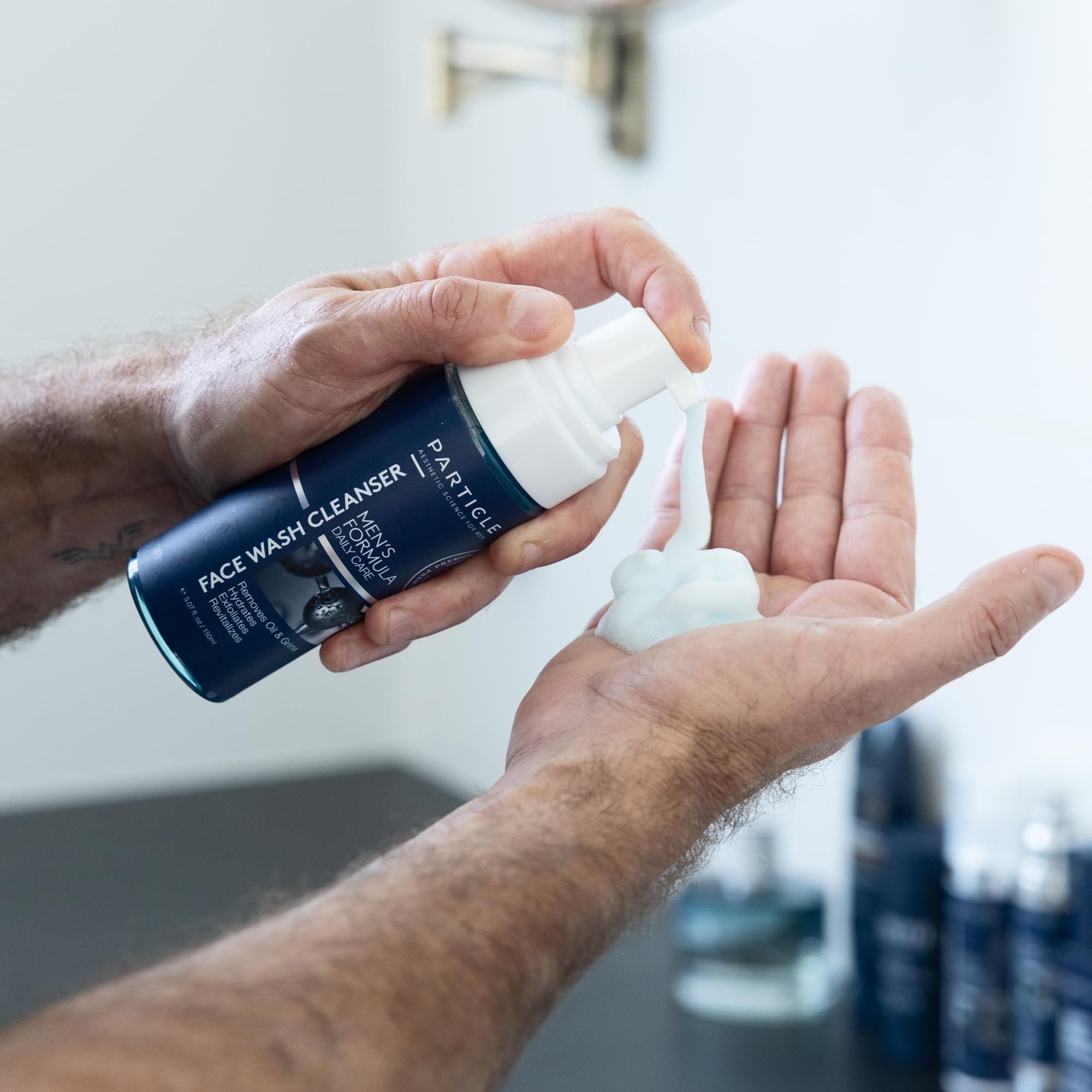 Particle Mens Face Wash rinse-clean scene shows lightweight, comfortable feel