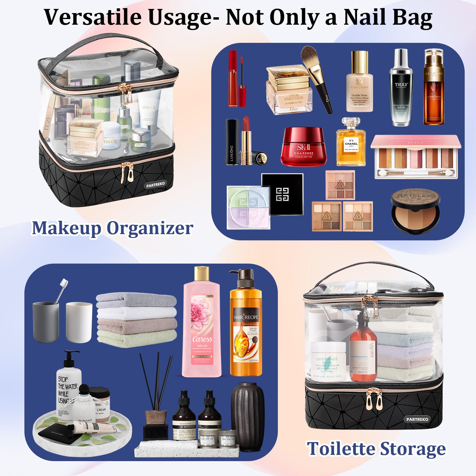 Partreko multi-use-nail-art-cosmetics demonstrates versatile storage for makeup and toiletries