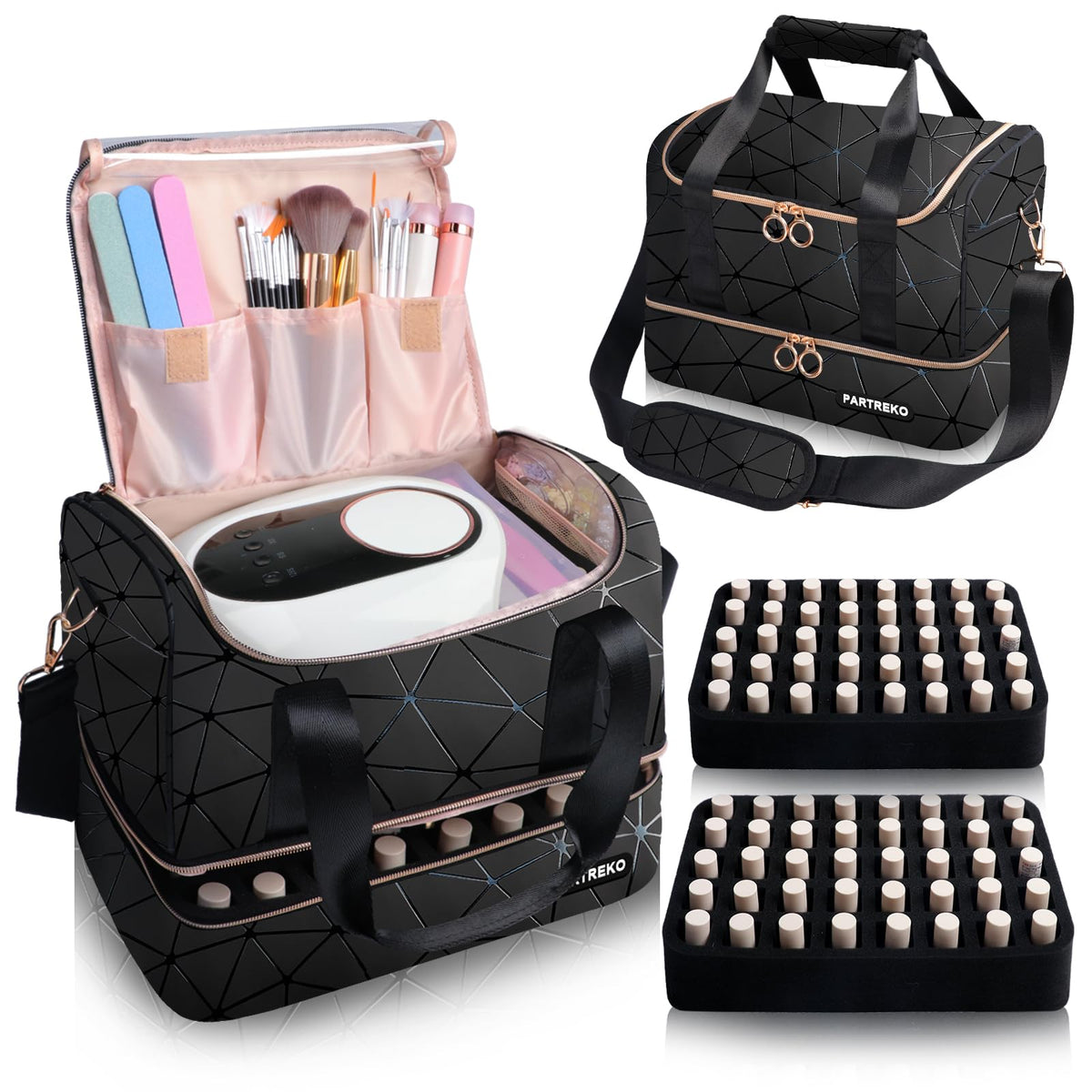 Partreko nail polish organizer shows 80-bottle capacity for tidy storage.