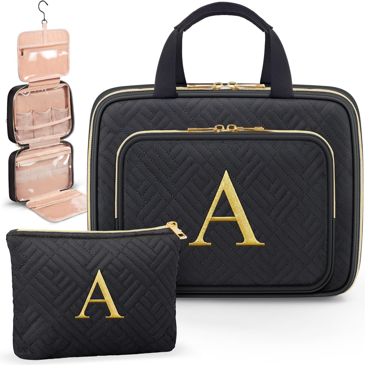 Partylamb initial toiletry bag hanging shot showcases personalized embroidery for a meaningful gift.