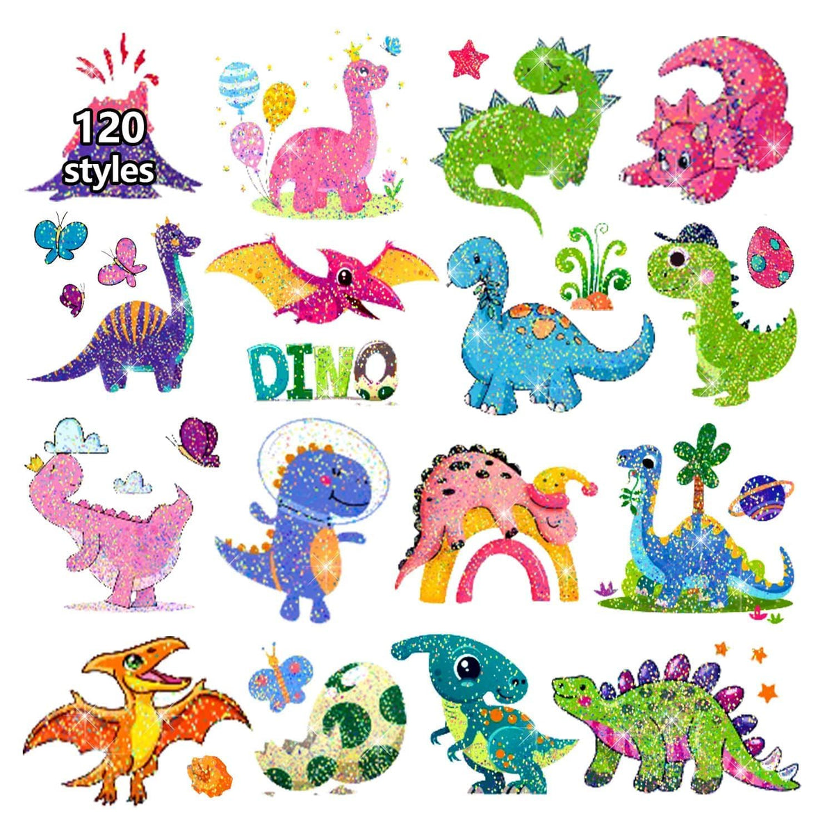 PARTYWIND dinosaur tattoos 12 sheets, glitter patterns ideal for kids' party favors.