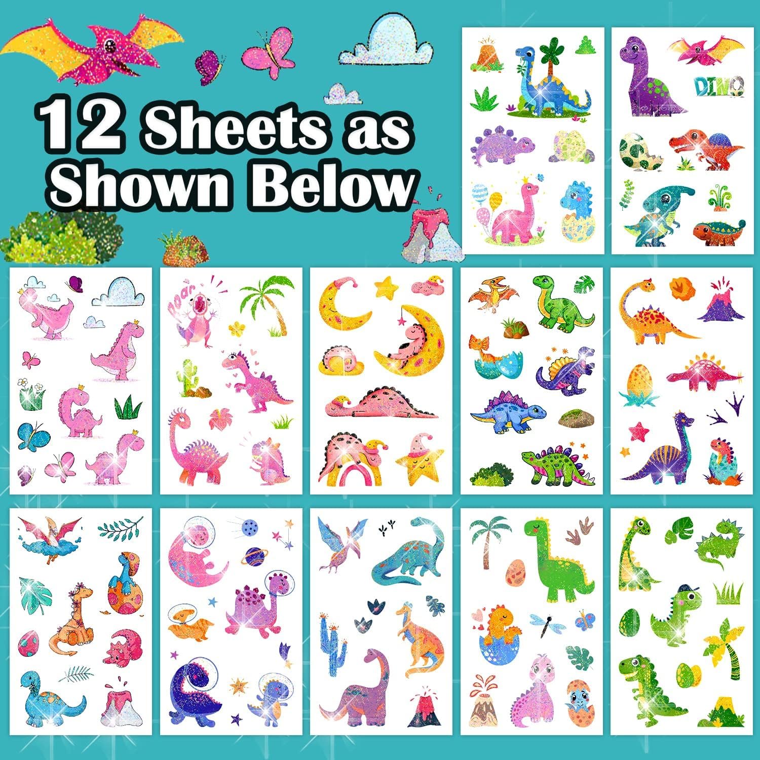 PARTYWIND dinosaur tattoos variety patterns on sheets, sparkly designs for birthdays and crafts.
