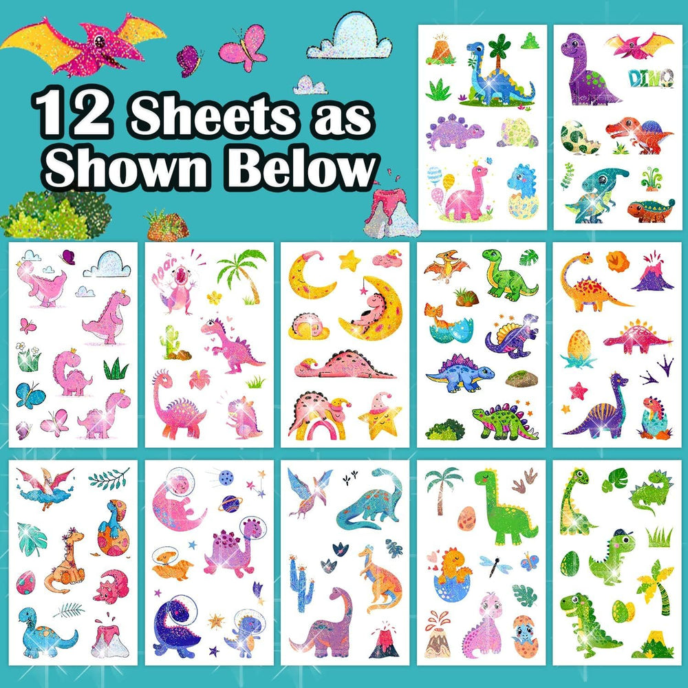 PARTYWIND dinosaur tattoos variety patterns on sheets, sparkly designs for birthdays and crafts.