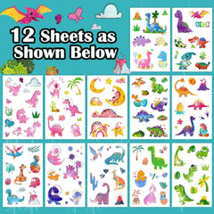 PARTYWIND dinosaur tattoos variety patterns on sheets, sparkly designs for birthdays and crafts.