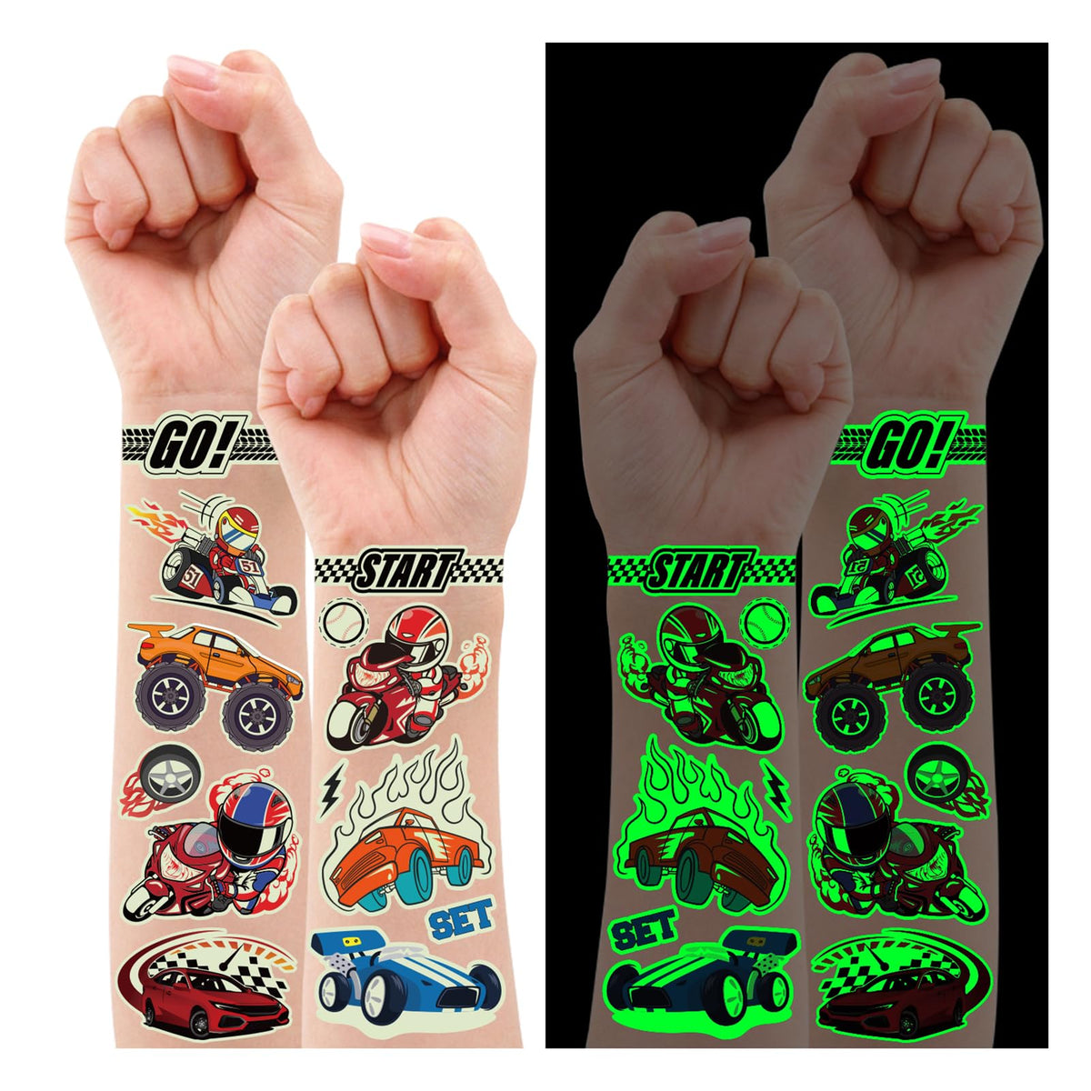 PARTYWIND glow cars tattoos showcase luminous designs for party favors and kids' glow activities.